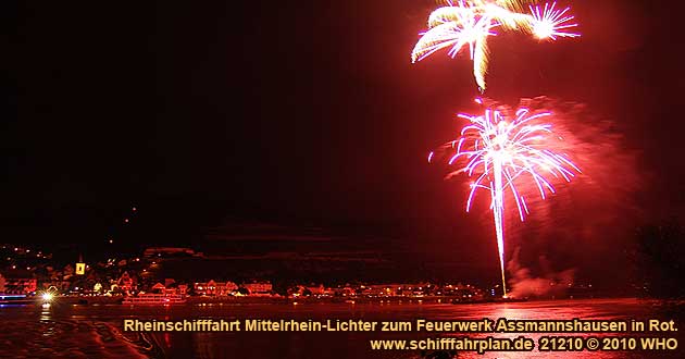 Rheinschifffahrt Mittelrhein-Lichter zum Feuerwerk Assmannshausen in Rot, dem schnsten Rotweinfest im Rheingau